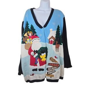 Vintage 90s Christmas Santa Sweater Cardigan Womens 3X Blue Quacker Factory